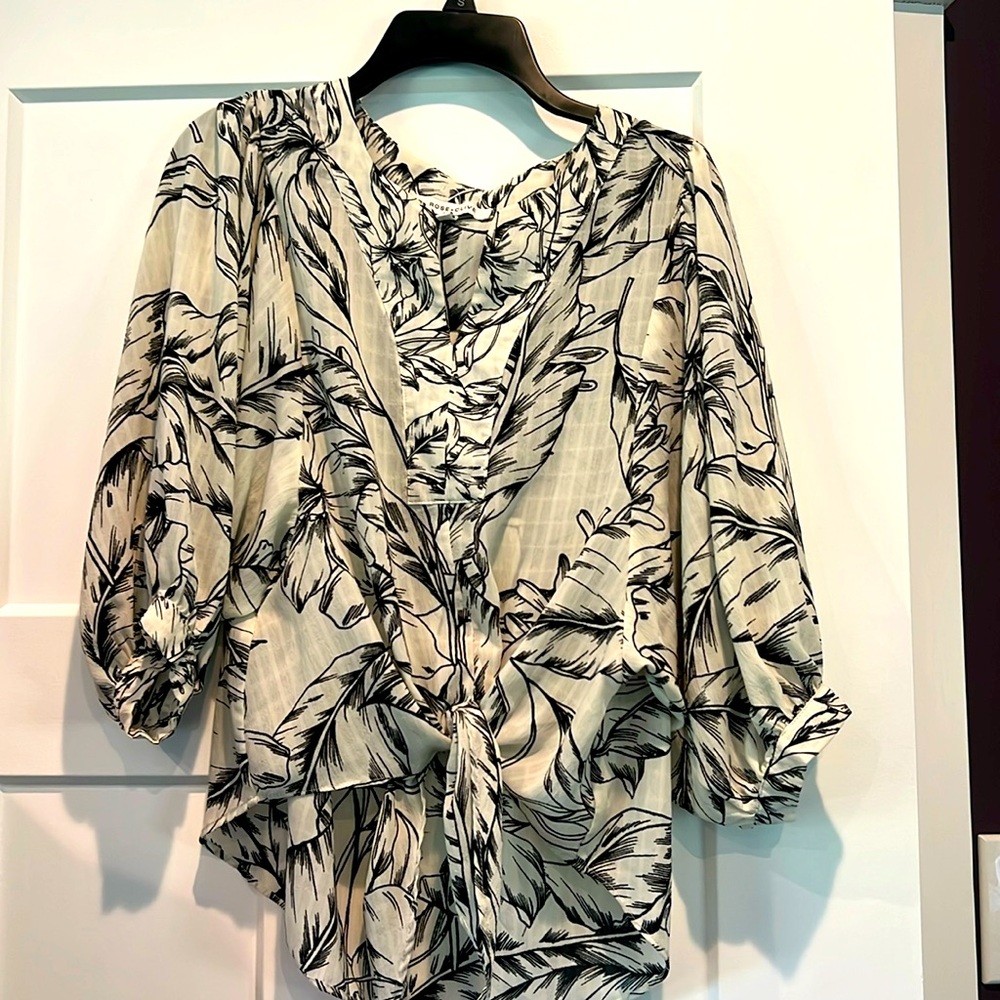 Rose and olive flowy 3/4 sleeve blouse top shirt tropical palm tie front